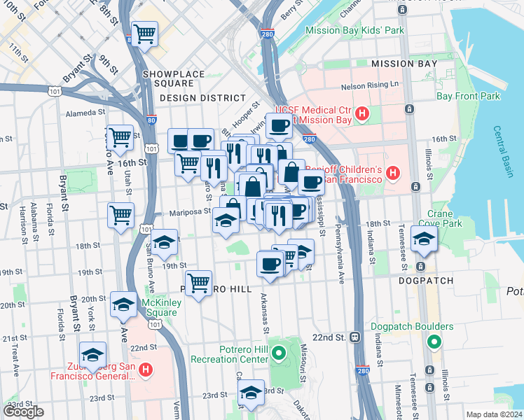 map of restaurants, bars, coffee shops, grocery stores, and more near in San Francisco