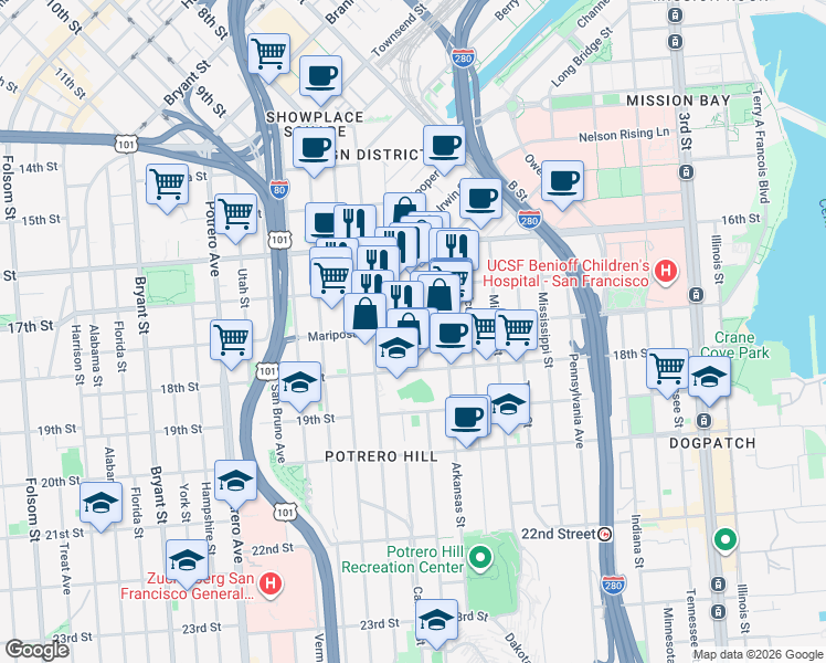 map of restaurants, bars, coffee shops, grocery stores, and more near in San Francisco