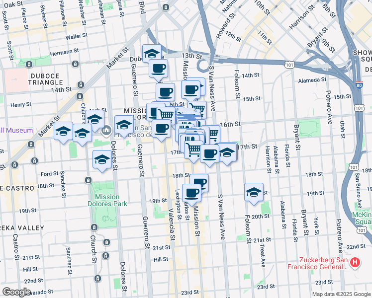 map of restaurants, bars, coffee shops, grocery stores, and more near 2061 Mission Street in San Francisco