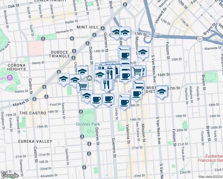 map of restaurants, bars, coffee shops, grocery stores, and more near 60 Camp Street in San Francisco