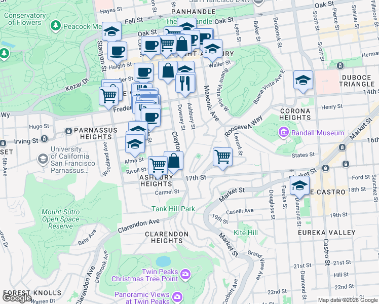 map of restaurants, bars, coffee shops, grocery stores, and more near 1035 Ashbury Street in San Francisco