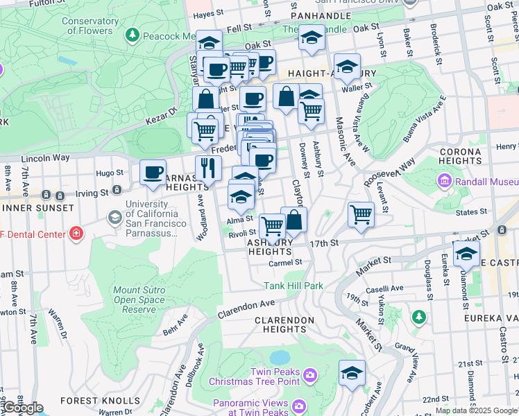 map of restaurants, bars, coffee shops, grocery stores, and more near 83 Grattan Street in San Francisco