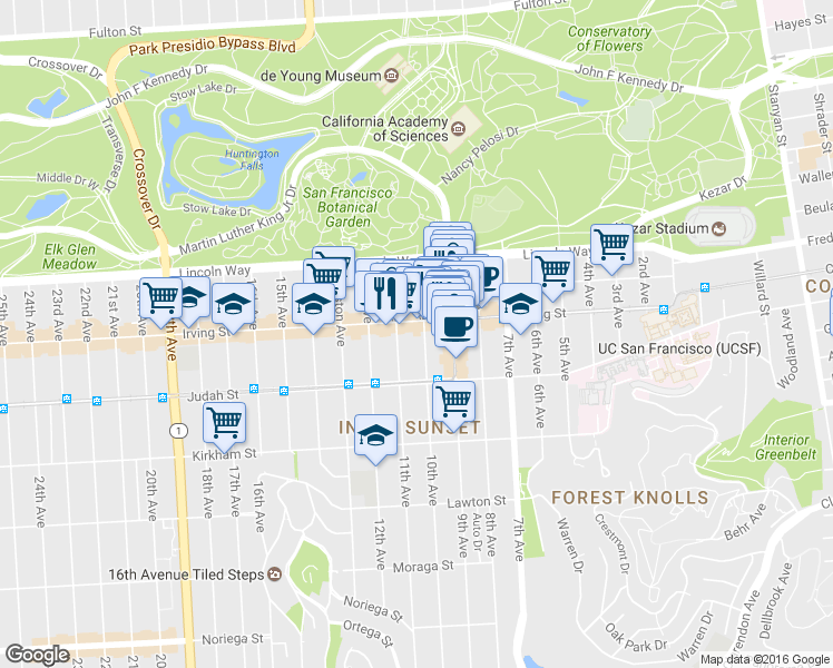 map of restaurants, bars, coffee shops, grocery stores, and more near 909A Irving Street in San Francisco