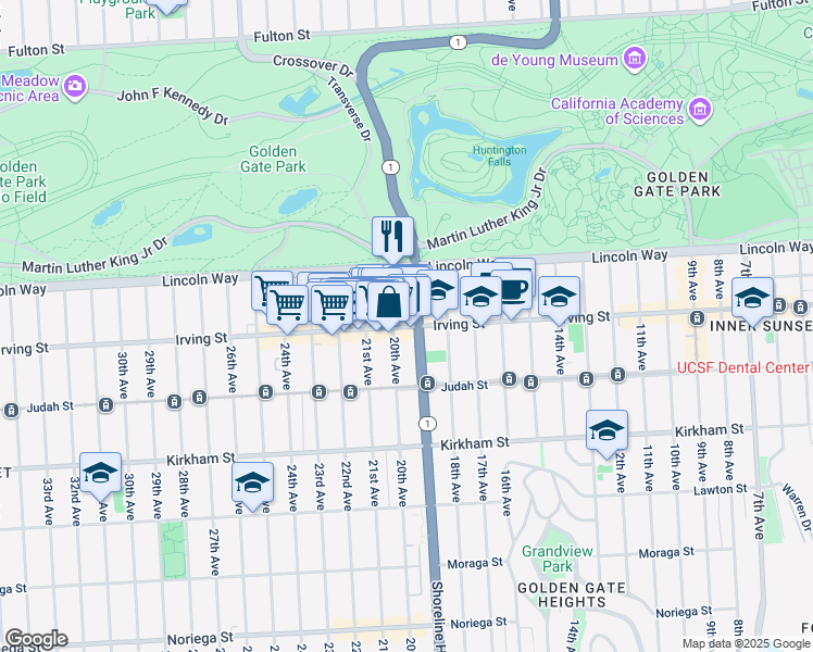 map of restaurants, bars, coffee shops, grocery stores, and more near 1278 20th Avenue in San Francisco