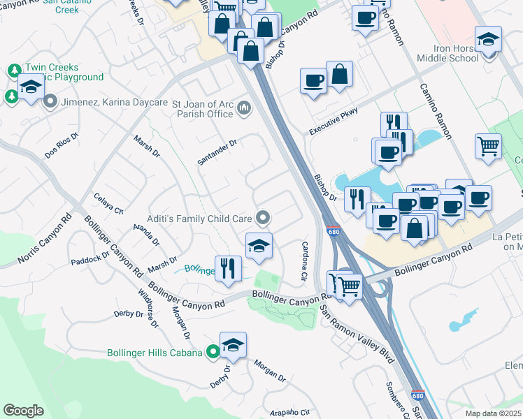 map of restaurants, bars, coffee shops, grocery stores, and more near 101 Valdivia Circle in San Ramon