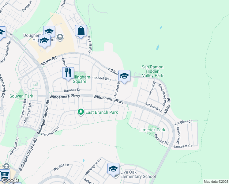 map of restaurants, bars, coffee shops, grocery stores, and more near 2177 North Donovan Way in San Ramon