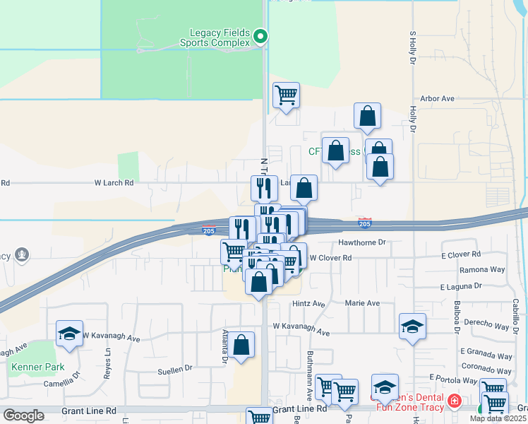 map of restaurants, bars, coffee shops, grocery stores, and more near 3721 North Tracy Boulevard in Tracy