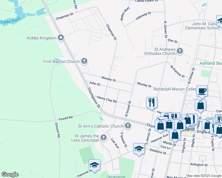 map of restaurants, bars, coffee shops, grocery stores, and more near 405 John Street in Ashland