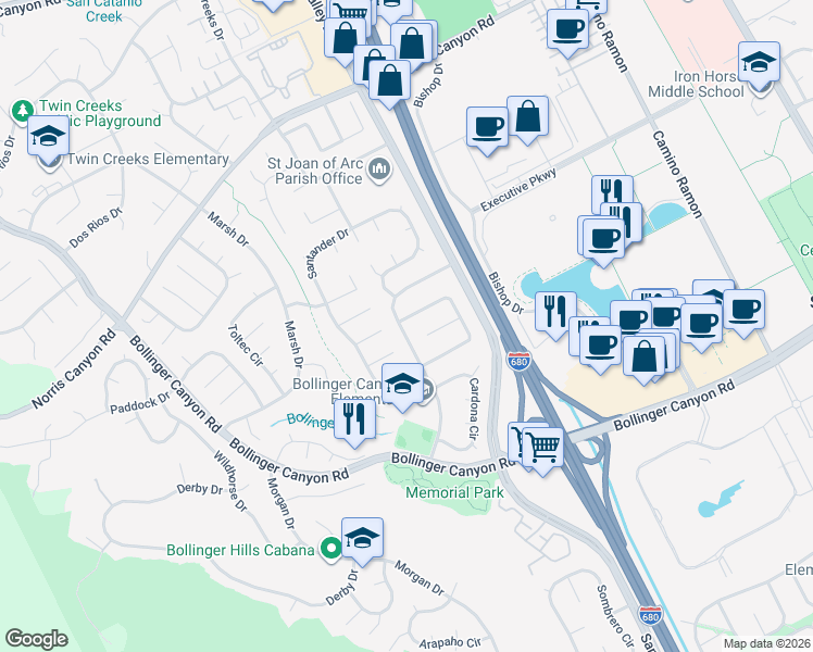 map of restaurants, bars, coffee shops, grocery stores, and more near 101 Valdivia Circle in San Ramon