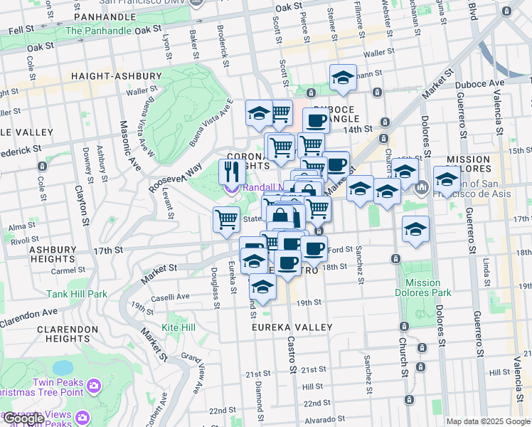 map of restaurants, bars, coffee shops, grocery stores, and more near 40 States Street in San Francisco