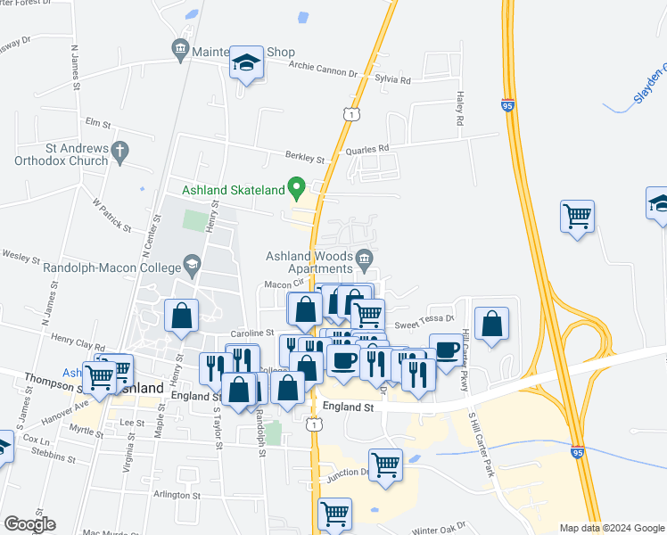 map of restaurants, bars, coffee shops, grocery stores, and more near 1517 West Omni Court in Ashland