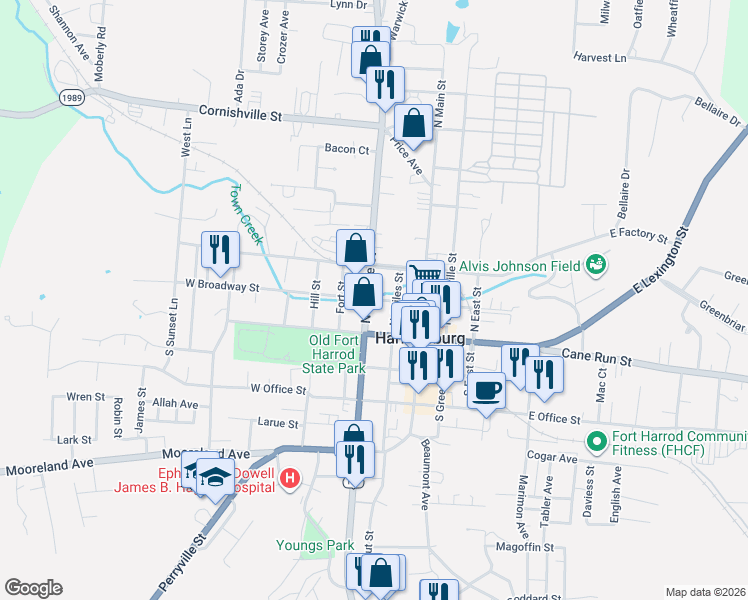 map of restaurants, bars, coffee shops, grocery stores, and more near 202 West Broadway Street in Harrodsburg