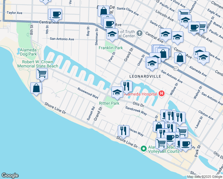 map of restaurants, bars, coffee shops, grocery stores, and more near 610 Grand Street in Alameda