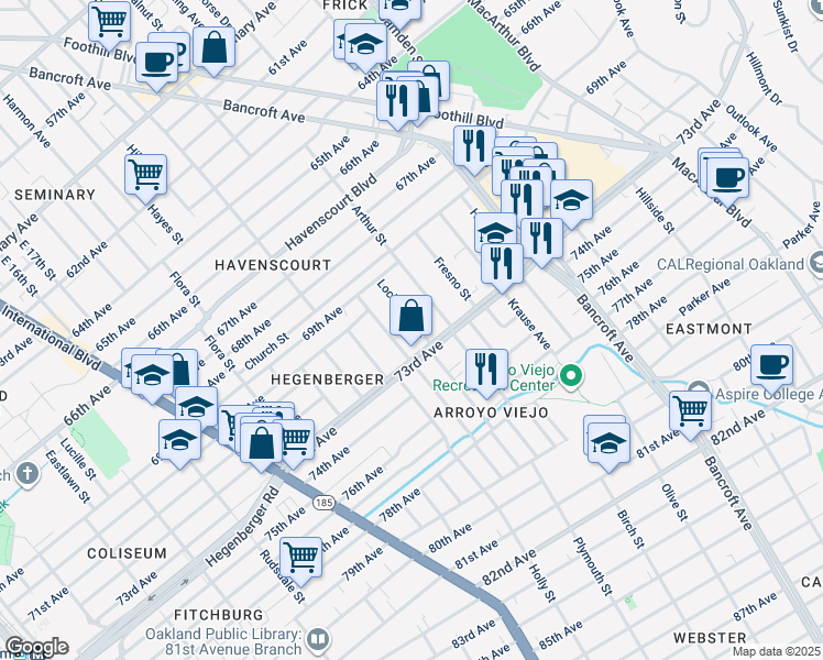 map of restaurants, bars, coffee shops, grocery stores, and more near 7201 Lockwood Street in Oakland