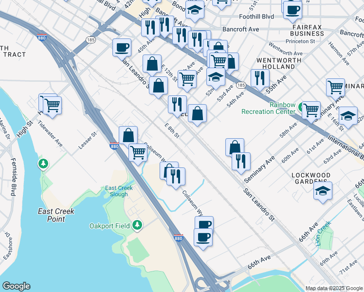 map of restaurants, bars, coffee shops, grocery stores, and more near 789 54th Avenue in Oakland