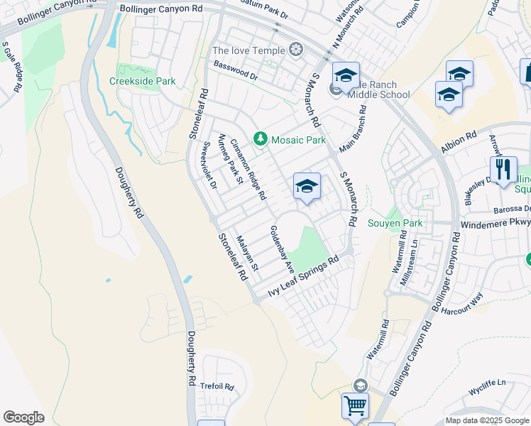 map of restaurants, bars, coffee shops, grocery stores, and more near 4876 Cornflower Street in San Ramon