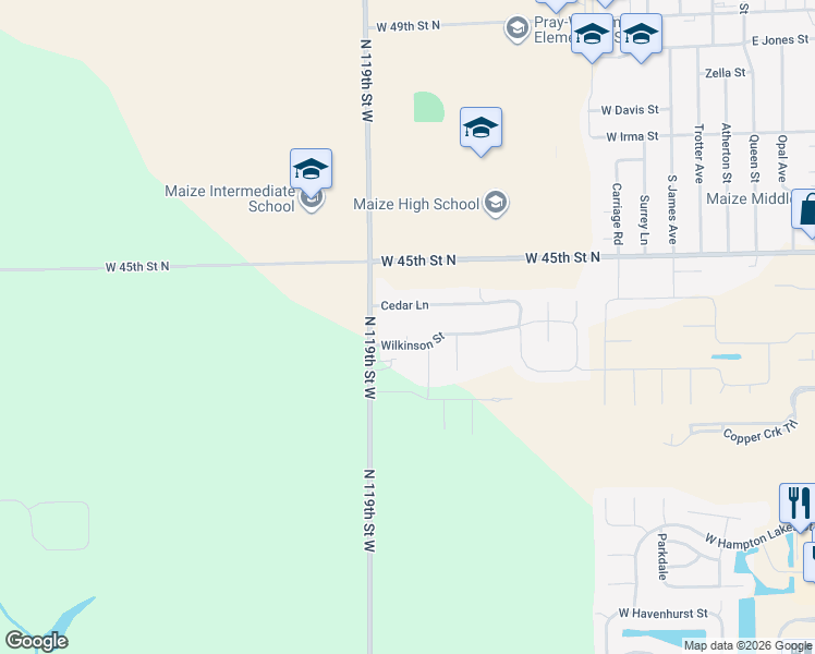 map of restaurants, bars, coffee shops, grocery stores, and more near 11818 Wilkinson Court in Maize