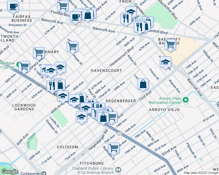 map of restaurants, bars, coffee shops, grocery stores, and more near in Oakland