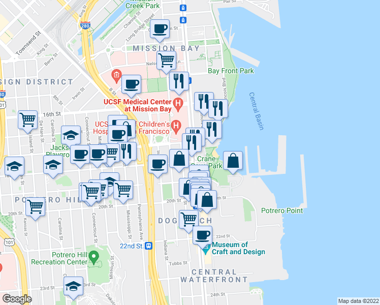 map of restaurants, bars, coffee shops, grocery stores, and more near 595 Mariposa Street in San Francisco