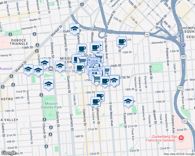 map of restaurants, bars, coffee shops, grocery stores, and more near in San Francisco