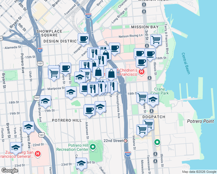map of restaurants, bars, coffee shops, grocery stores, and more near 1144 Mariposa Street in San Francisco