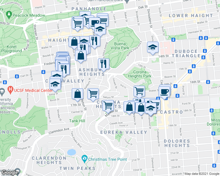map of restaurants, bars, coffee shops, grocery stores, and more near Roosevelt Way & Clifford Terrace in San Francisco