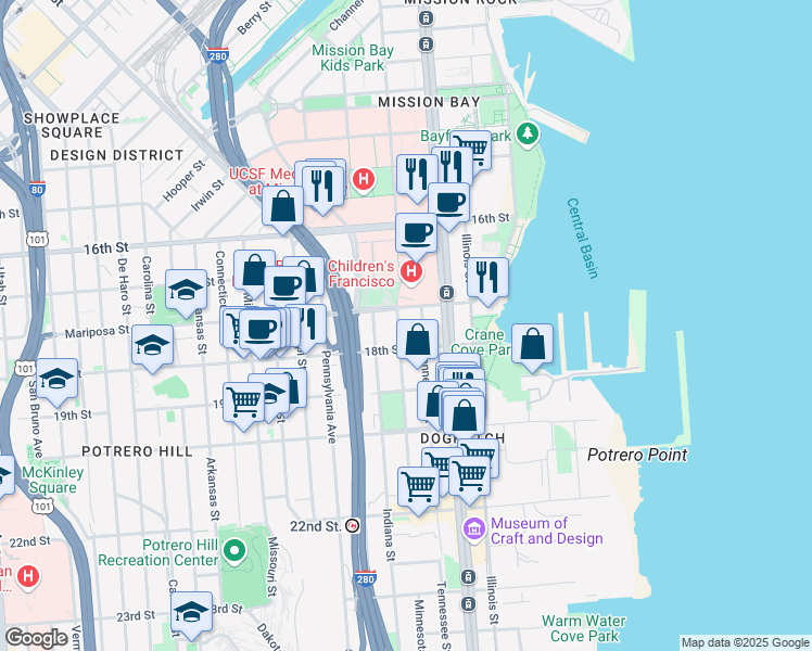map of restaurants, bars, coffee shops, grocery stores, and more near 777 Mariposa Street in San Francisco