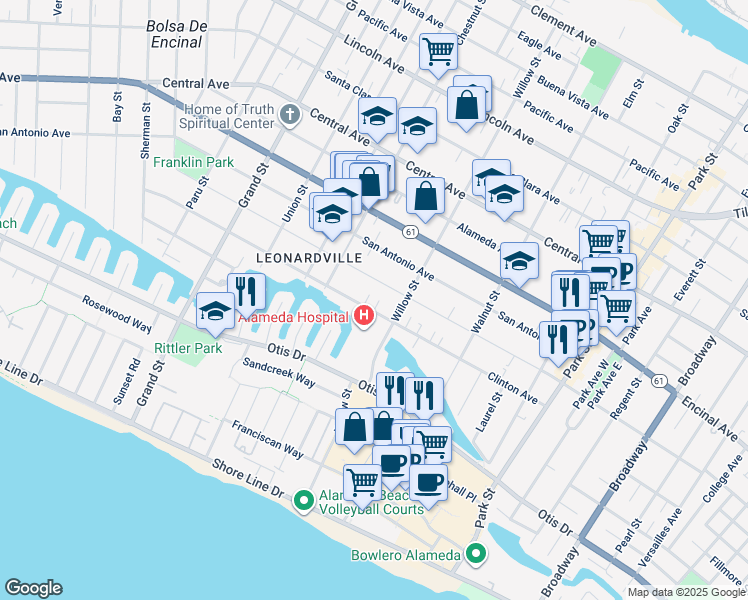 map of restaurants, bars, coffee shops, grocery stores, and more near 2045 Clinton Avenue in Alameda