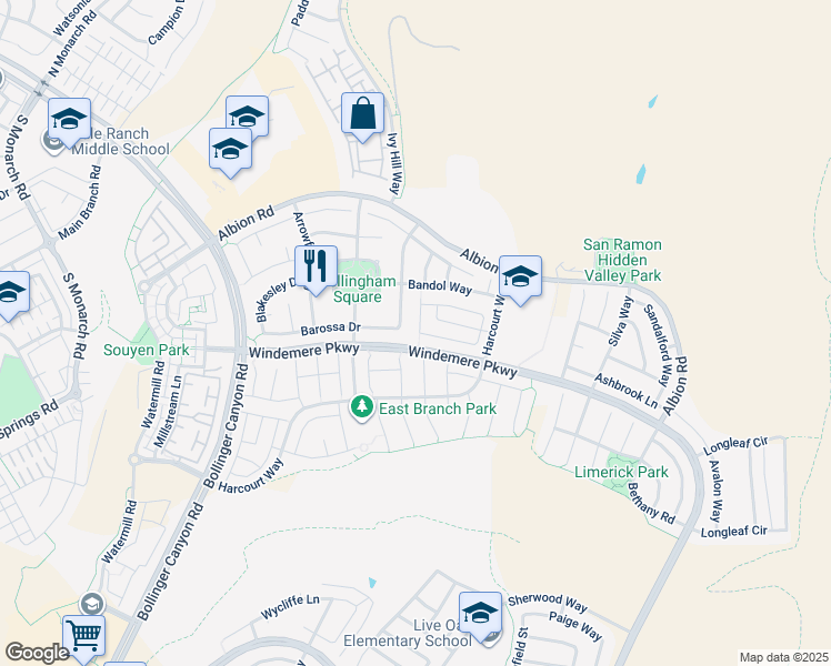 map of restaurants, bars, coffee shops, grocery stores, and more near 2333 Elan Lane in San Ramon