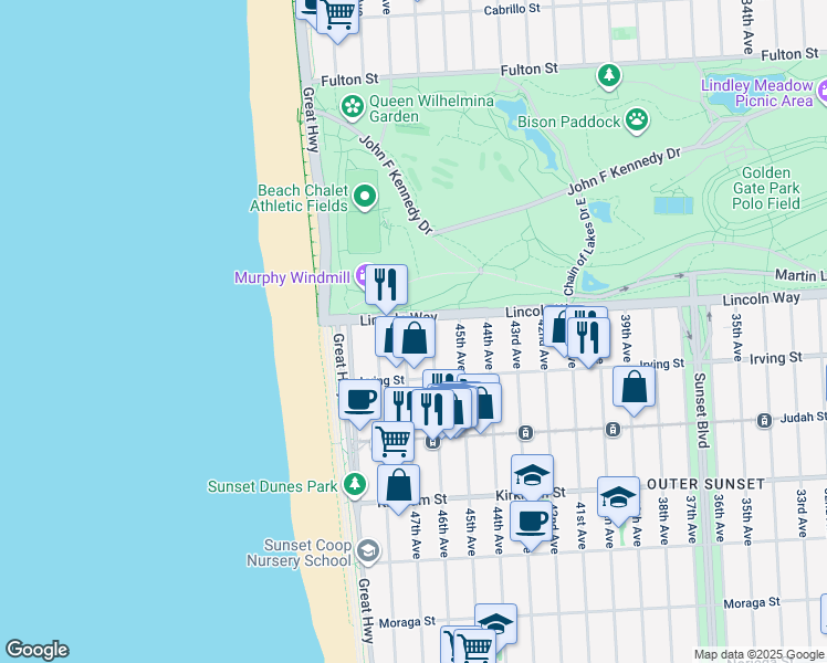 map of restaurants, bars, coffee shops, grocery stores, and more near 1218 47th Avenue in San Francisco