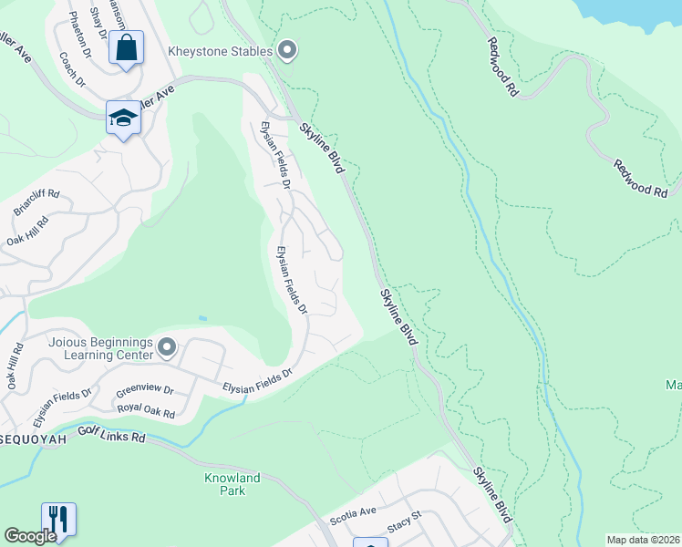 map of restaurants, bars, coffee shops, grocery stores, and more near 111 Shadow Mountain in Oakland