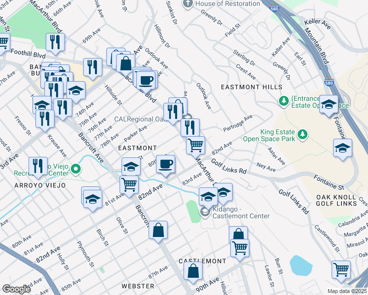 map of restaurants, bars, coffee shops, grocery stores, and more near 8000 MacArthur Boulevard in Oakland