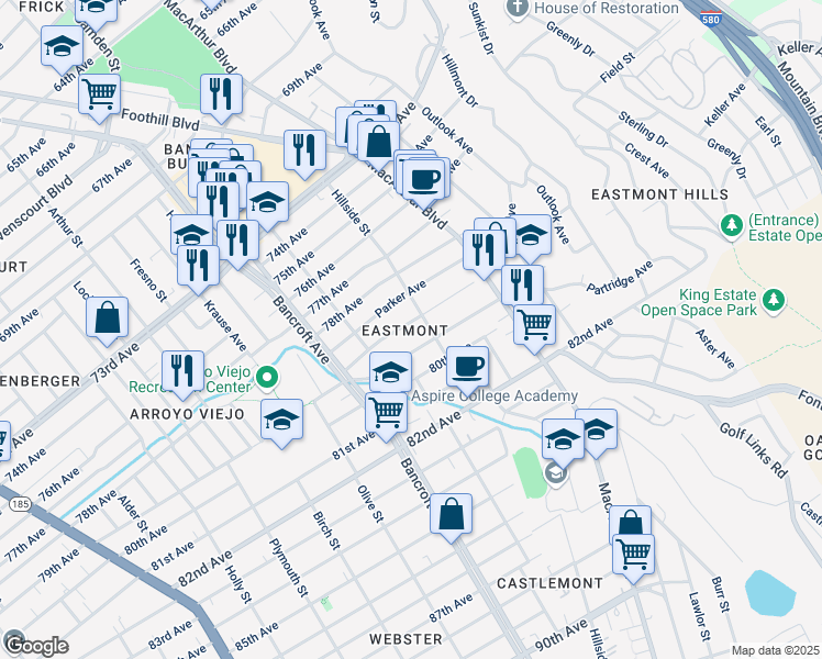 map of restaurants, bars, coffee shops, grocery stores, and more near 2665 79th Avenue in Oakland