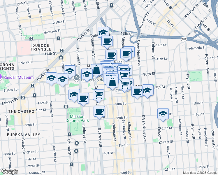 map of restaurants, bars, coffee shops, grocery stores, and more near 151 Albion Street in San Francisco