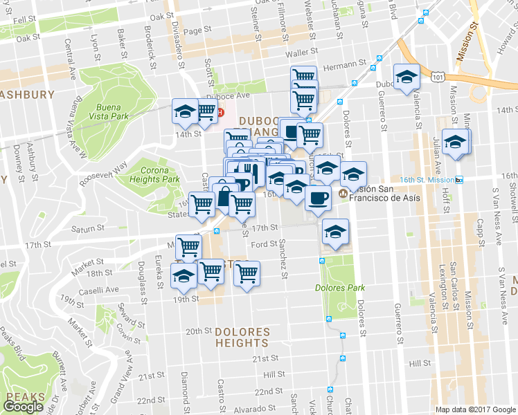 map of restaurants, bars, coffee shops, grocery stores, and more near 3527 16th Street in San Francisco