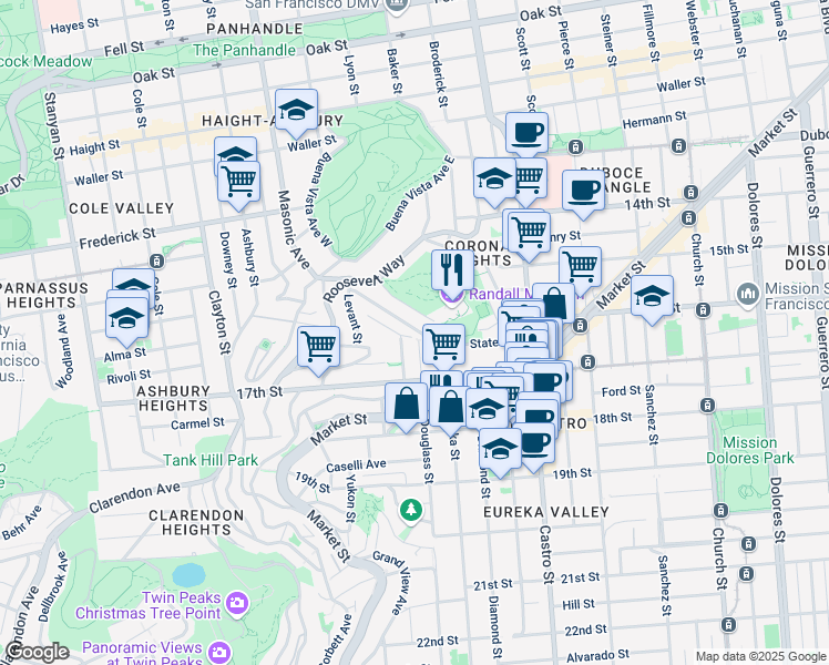 map of restaurants, bars, coffee shops, grocery stores, and more near 233 States Street in San Francisco