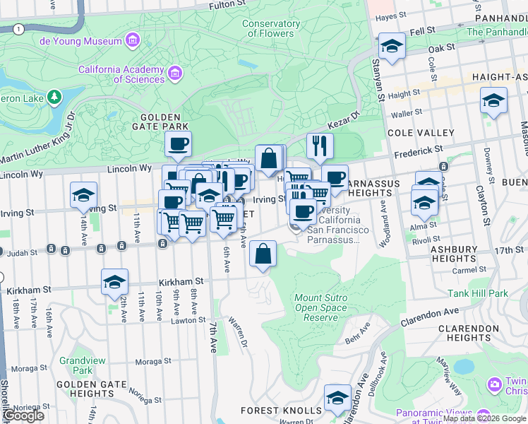 map of restaurants, bars, coffee shops, grocery stores, and more near 1319 3rd Avenue in San Francisco