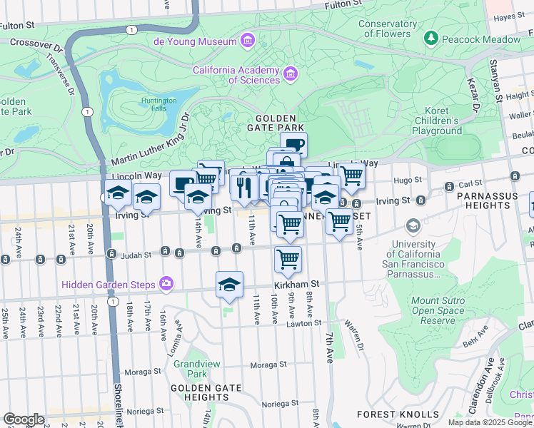 map of restaurants, bars, coffee shops, grocery stores, and more near 909A Irving Street in San Francisco