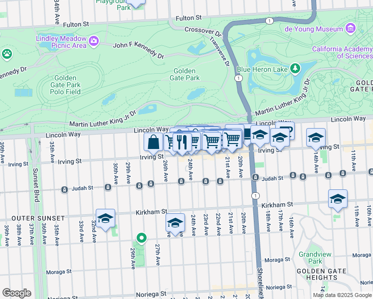 map of restaurants, bars, coffee shops, grocery stores, and more near 1265 24th Avenue in San Francisco