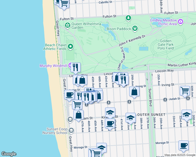 map of restaurants, bars, coffee shops, grocery stores, and more near 1206 45th Avenue in San Francisco