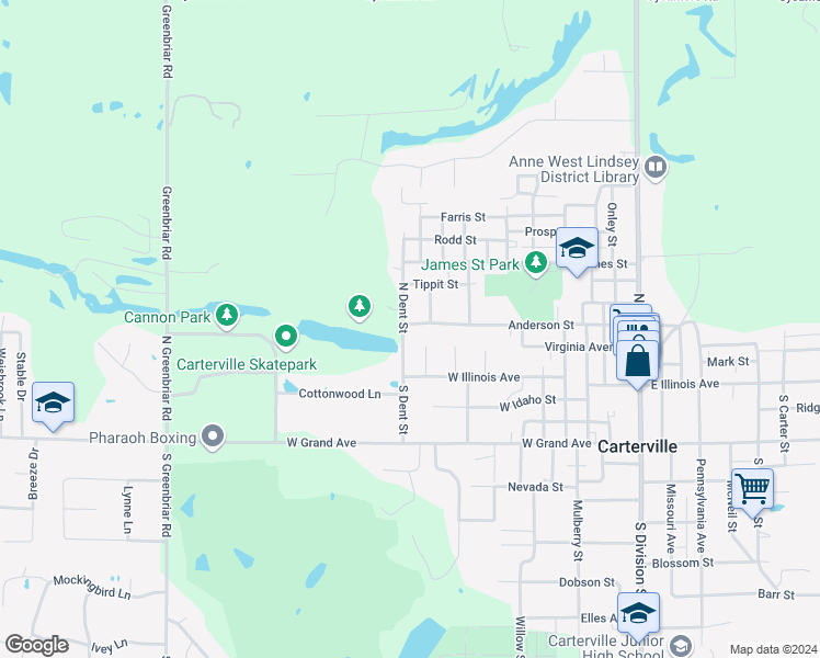 map of restaurants, bars, coffee shops, grocery stores, and more near 500-510 N Dent St in Carterville