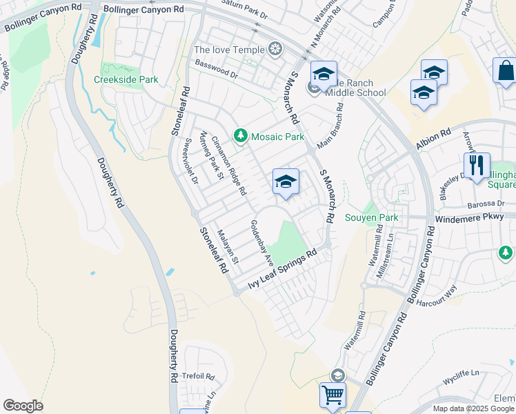 map of restaurants, bars, coffee shops, grocery stores, and more near 3414 Cinnamon Ridge Road in San Ramon