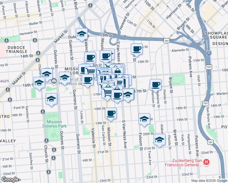 map of restaurants, bars, coffee shops, grocery stores, and more near in San Francisco