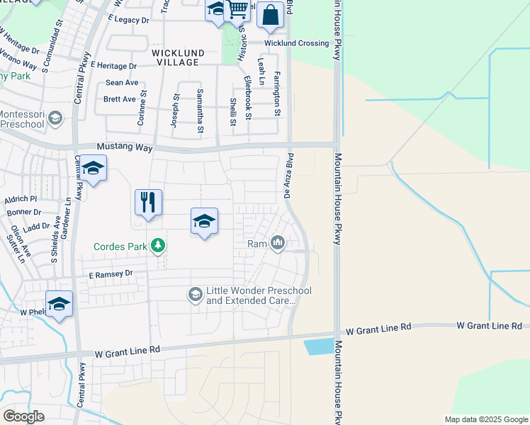 map of restaurants, bars, coffee shops, grocery stores, and more near 525 East Fuschia Way in Tracy