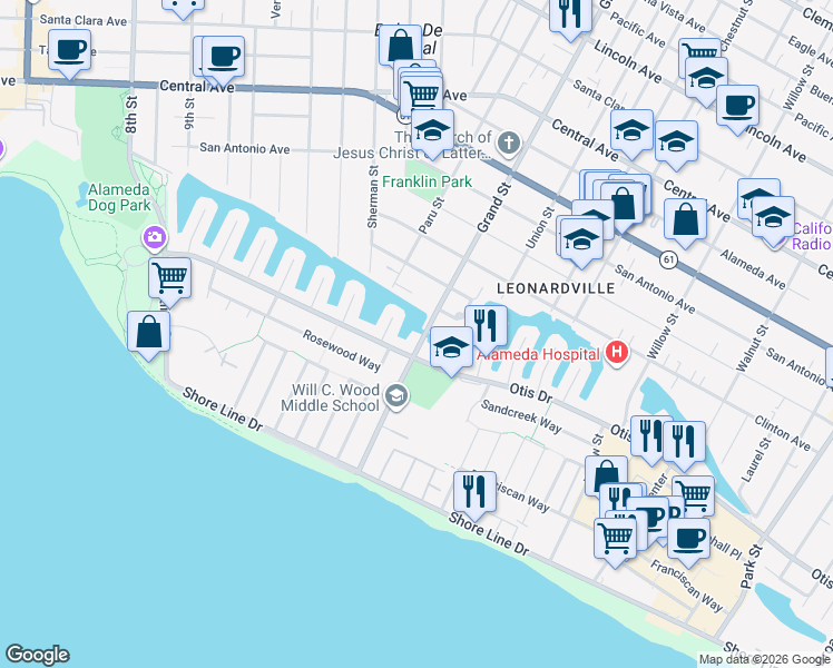 map of restaurants, bars, coffee shops, grocery stores, and more near 615 Grand Street in Alameda