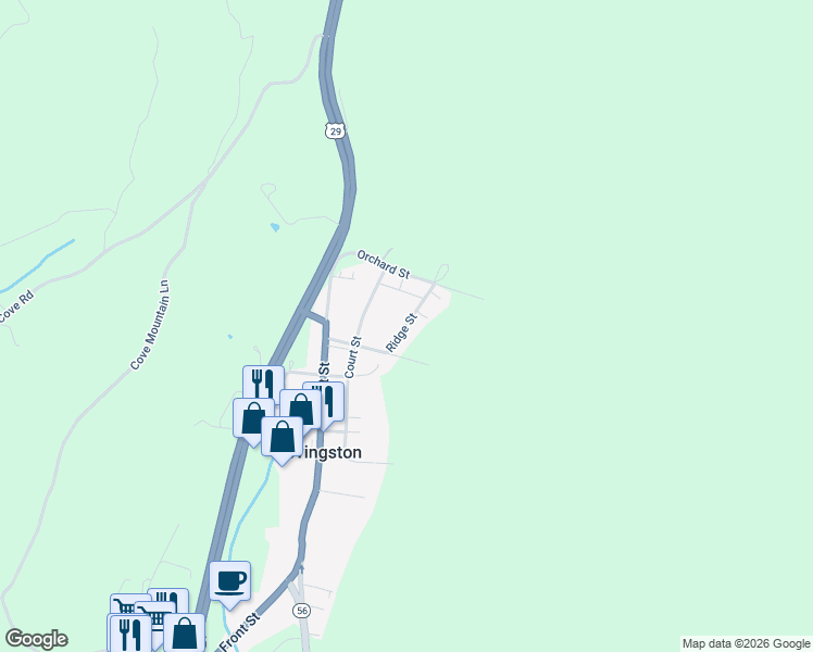 map of restaurants, bars, coffee shops, grocery stores, and more near Ridge Street in Lovingston