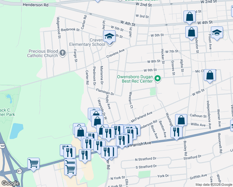 map of restaurants, bars, coffee shops, grocery stores, and more near 1037 Gardenside Drive in Owensboro