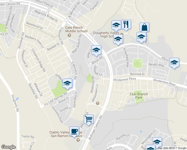 map of restaurants, bars, coffee shops, grocery stores, and more near 2073 Watermill Road in San Ramon
