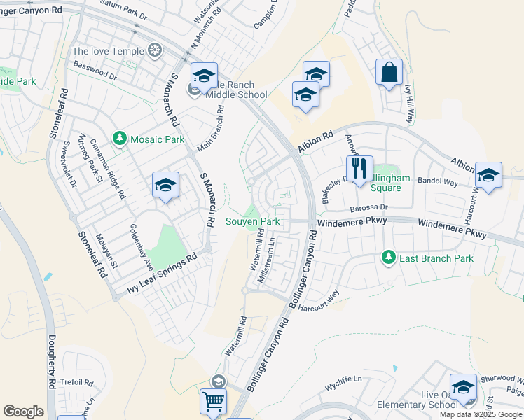 map of restaurants, bars, coffee shops, grocery stores, and more near 2073 Watermill Road in San Ramon