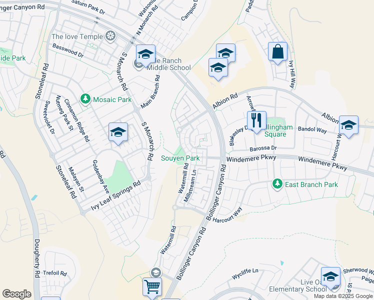 map of restaurants, bars, coffee shops, grocery stores, and more near 2073 Watermill Road in San Ramon
